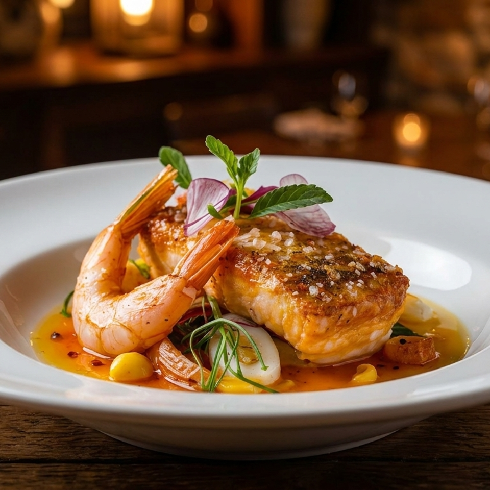 Seared salmon and shrimp garnished with herbs and radishes, served in a white bowl with sauce in a warmly lit restaurant.