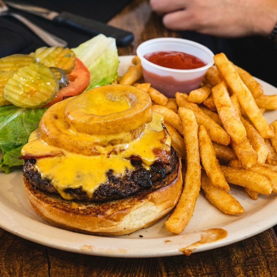 Cheeseburger topped with grilled onions, lettuce, tomato, and pickles, served with fries and ketchup on a plate.