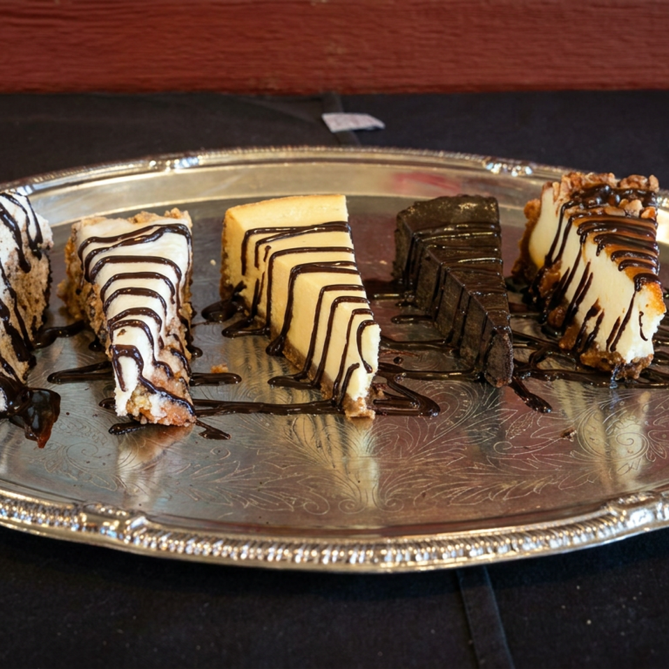 Assorted cheesecake slices drizzled with chocolate on an ornate silver serving platter.